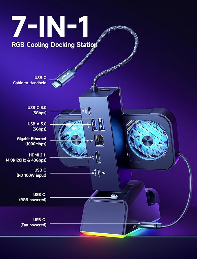 JSAUX Docking Station for ROG Ally X/ROG Ally/Steam Deck/Legion Go, 7-in-1 ROG Ally X Dock with RGB Cooling Fan, HDMI 4K@120Hz, Gigabit Ethernet, Dual USB & USB C 3.0, 100W PD Charging - HB0705