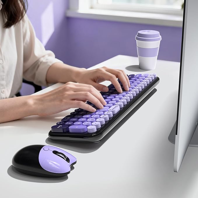 MOFII Wireless Keyboard and Mouse Combo, Compact Typewriter Retro Round Computer Keyboard and Mouse Set, Plug and Play, for Windows, Computer, Desktop, PC, Notebook - (Black Purple Gradient)