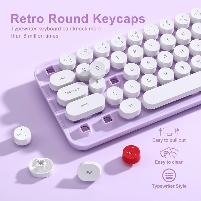 i68 Wireless Typewriter Keyboard and Mouse Combo,Purple Keyboard with 2.4GHz Connection, Cute Retro Aesthetic Design Round Keycaps for Tablet, Phone, PC and Win/Mac/Android(Purple)
