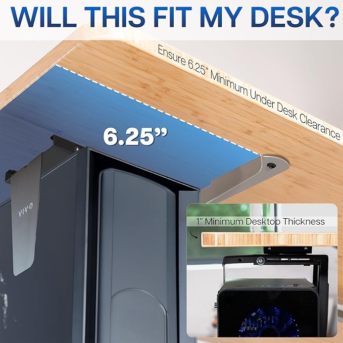 VIVO Adjustable Under Desk and Wall 3.5 to 7.8 inch Wide Office PC Mount, Computer Case CPU Machine Holder Stand with Swivel and Secure Locking, Holds 22 lbs, Black, MOUNT-PC01