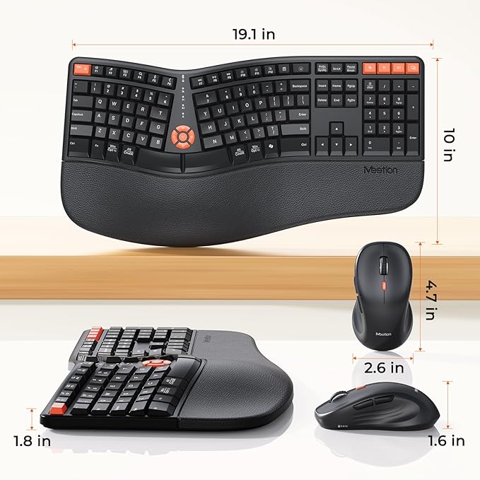 MEETION Ergonomic Keyboard and Mouse, 2.4G Wireless/Bluetooth Split Keyboard with Cushioned Palm Rest, 4 DPI Adjustable Mouse, Full Size Multi-Device Keyboard for Windows/Mac/PC/Laptop, Black
