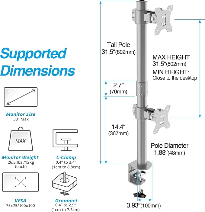 AVLT 38" Vertical Ultrawide Monitor Mount Gray Two Stacked 26.5 lbs Screens on Heavy-Duty Pole Save Workspace with Fine-Tune Height Tilt Swivel Rotate Adjustment C-clamp and Grommet Mounting Stand