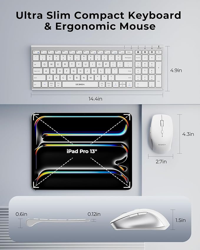 seenda Wireless Bluetooth Keyboard and Mouse Combo, COE401 Rechargeable Slim Keyboard Mouse, 3 Multi-Device Connection, Compact Quiet Set Compatible for Mac/Windows Laptop MacBook iPad, White Silver