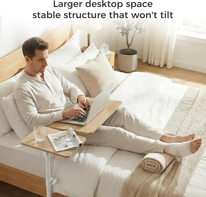 Rolling Table for Laptop Stand, Height and Angle Adjustable Over Bed Table with Wheels, Tilt-Top Laptop Desk for Couch with Cup Holder, Bed Table Tray for Eating (Oak)