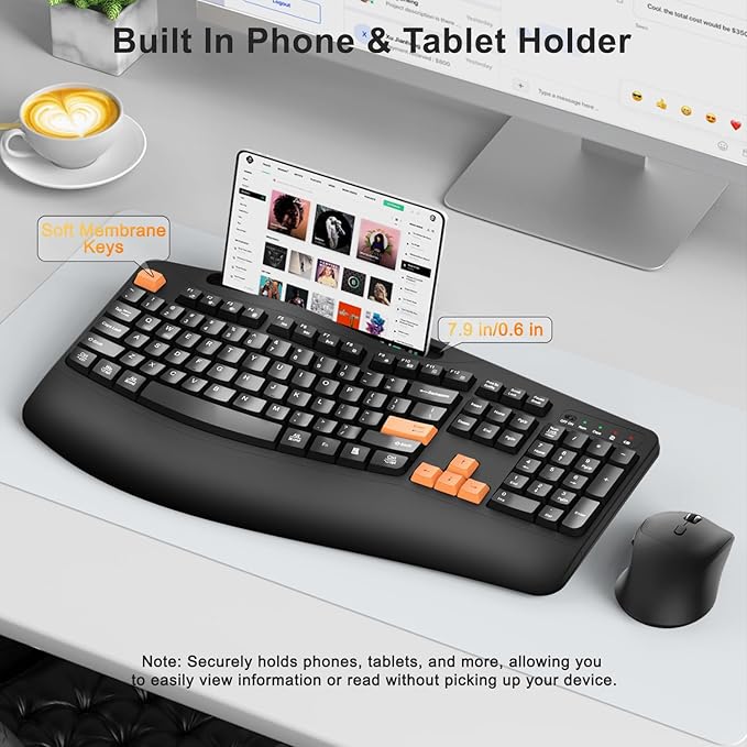 Wireless Keyboard and Mouse Combo, 2.4G Full Size Wave Keys Ergonomic Keyboard with Wrist Rest, Phone Holder, 3-Level DPI Wireless Silent Mouse with 6-Buttons, for Windows, Mac OS (Orange Black)