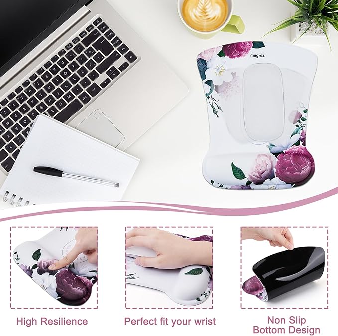 MEGREZ 4-in-1 Ergonomic Memory Foam Wrist Rest Set, Desk Pad, Mouse Pad with Wrist Rest, Keyboard Pad, Suitable for Office Workers, Programmers & Gamers–Relieve Typing & Gaming Fatigue, White