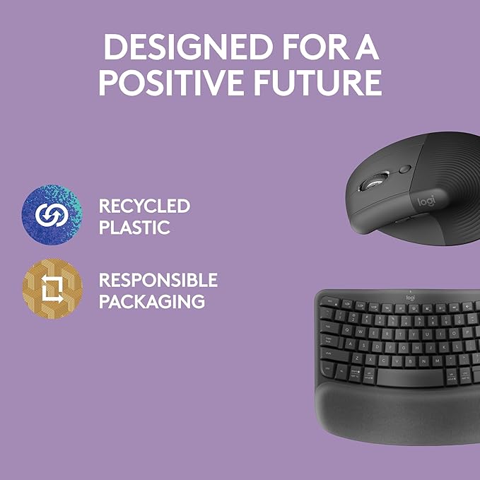 Logitech Wave Keys & Lift Vertical Mouse - Ergonomic Bundle — Wireless Keyboard with Cushioned Palm Rest & Vertical Wireless Mouse - Easy-Switch, Bluetooth, for Multi-OS, Windows/Mac - Graphite