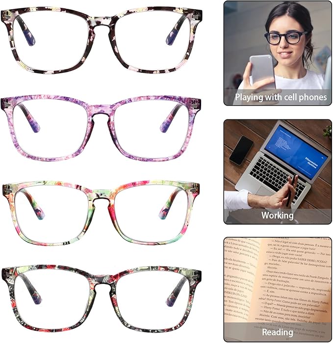 Henotin 4-Pack Blue Light Blocking Reading Glasses Women Men,Spring Hinge Computer Readers,Anti UV Ray Square Nerd Eyeglasses (Ladies Readers with Pattern Print, 0.75, Diopters)