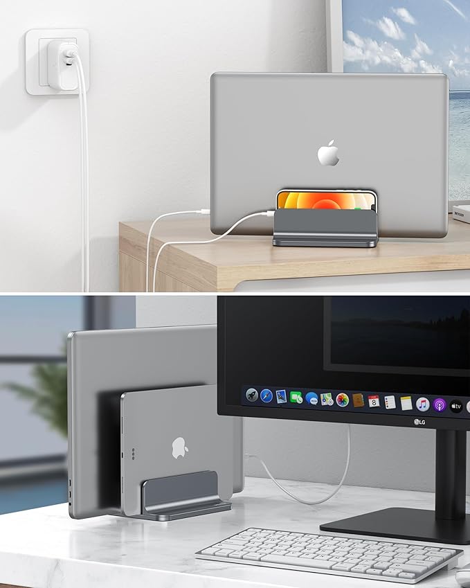 OMOTON [Updated Dock Version Vertical Laptop Stand, Double Desktop Stand Holder with Adjustable Dock (Up to 17.3 inch), Fits All MacBook/Surface/Samsung/HP/Dell/Chrome Book (Grey)
