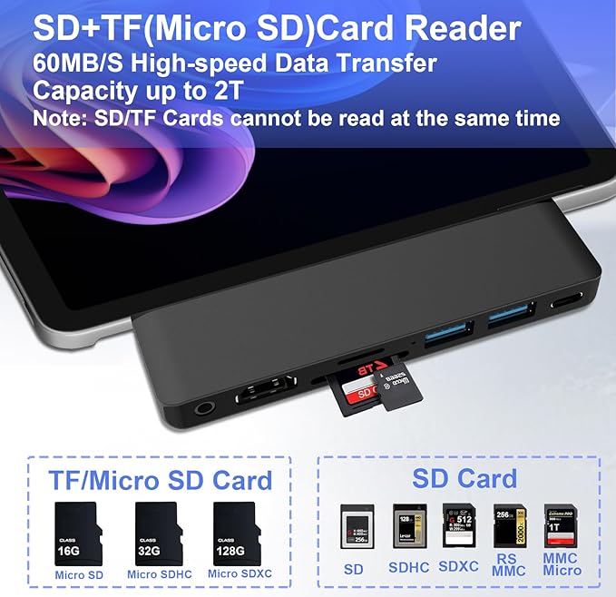 Surface Pro 12 USB Hub Adapter, Docking Station with 4K HDMI, USB-C Thunderbolt 4 (Display+Data+100W PD), 2 USB 3.0, 3.5mm Audio, SD/TF Card Slot, Accessories for Surface Pro 12 inch 2025