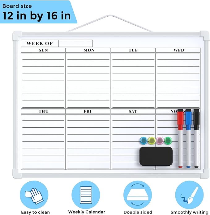 MaxGear Small Weekly Calendar Dry Erase Board for Wall, 16"x12" Hanging Double-Sided White Board, Portable Whiteboard for Planning, Drawing, Memo, to Do List, School, Home, Kitchen, Office