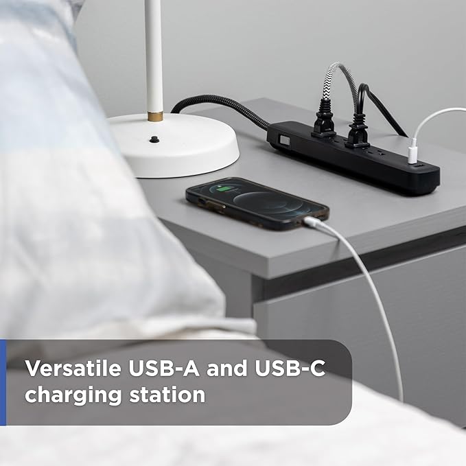 GE Surge Protector Power Strip, 4 Outlets, 1 USB-C & 1 USB-A Port (12W), 490J Protection, 3FT Braided Extension Cord, Flat Plug, Wall Mount, ETL Listed, Black, 84467
