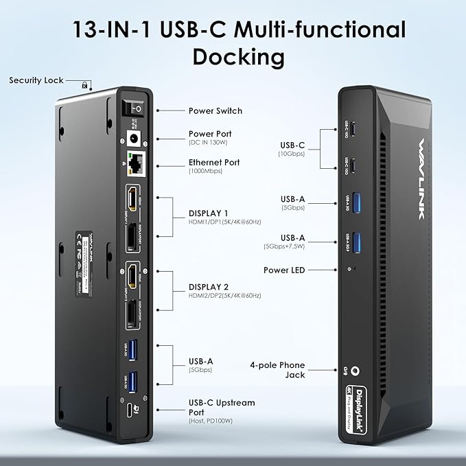 WAVLINK Laptop Docking Station Dual 4K@60Hz(2 HDMI+2DP), Displaylink Dock with100W PD Charging Compatible with Thunderbolt 4/3, USB-C/A - M1-M4 Mac, Windows, 10Gbps USB C, LAN - Driver Required