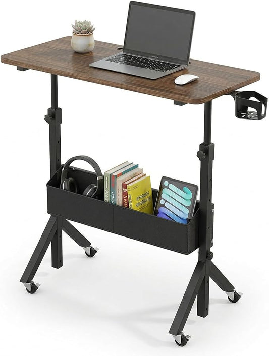 HUANUO Mobile Standing Desk with Wheels and Storage Basket, Height Adjustable 28.7"-46.1" Rolling Desk for Walking Pad, Small Space Laptop Computer Workstation for Home Office