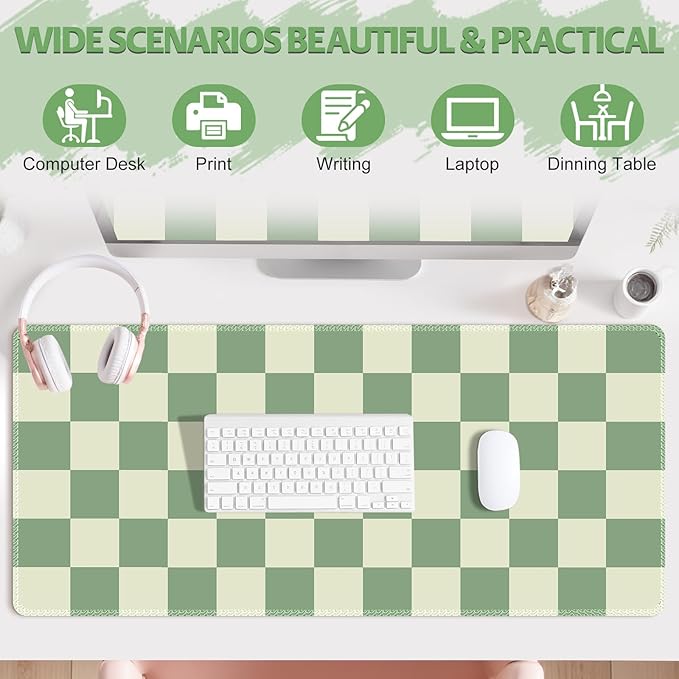 Desk Mat for Keyboard and Mouse, Large Mouse Pad Non-Slip Keyboard Pad, Computer Mats for Desktop, Cute Check Desk Pad with Stitched Edges for Office, Gaming I Sage Green Grid