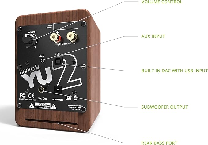 Kanto YU2 Powered Desktop Computer Speakers | 3" Drivers 3/4" Silk Dome Tweeter | 50 W RMS | Built-in USB DAC & AUX Input | Sub Out | Pair | Walnut