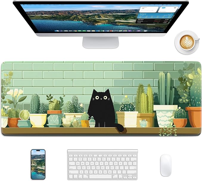 Cute Cat Mouse Pad, 31.5 x 11.8 Large Desk Mat with Stitched Edges & Non-Slip Base, Mousepad for Office, Home, Work