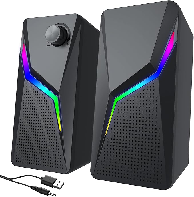 Computer Speakers, PC Speakers for Desktop with 6 Lighting Modes, PC Gaming Accessories, Stereo Sound Desktop Computer Speakers with 2 Bass-Boost Ports, USB Powered 3.5mm AUX Cable