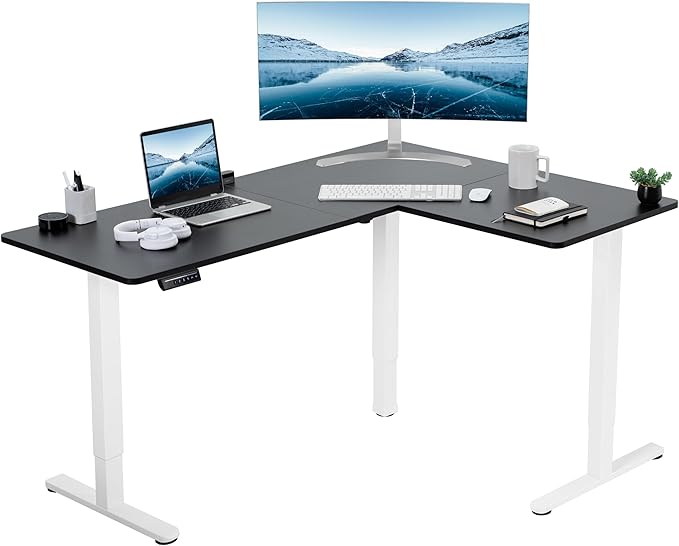 VIVO Corner Standing Desk, 63 x 47 inch Reversible L-Shaped Workstation, Electric Height Adjustment, Home, Office, and Reception Rooms, Black Table Top White Frame, DESK-E3CTWB-47