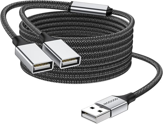 MOGOOD Dual USB 2.0 Power Cord Extension - USB A Splitter for Laptop/Mac/Car