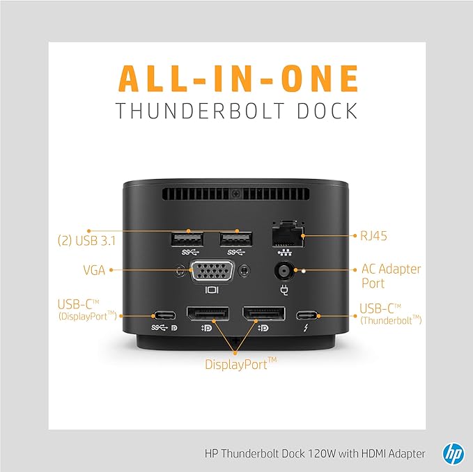 HP Thunderbolt Dock 120W with HDMI Adapter, Universal USB-C Docking Station, One Cable, Multiple Connections, with a Single USB-C™ Cable Connection to Any Brand Laptop (6HP48AA#ABL)