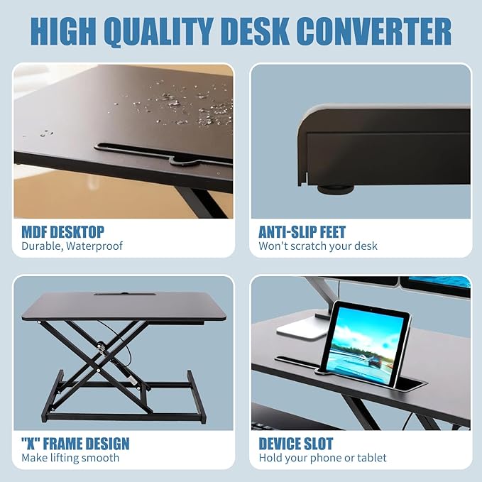 Standing Desk Converter, Height Adjustable Sit to Stand Riser, Dual Monitor and Laptop Workstation with Wide Keyboard Tray, Desk Lifter for Home Office
