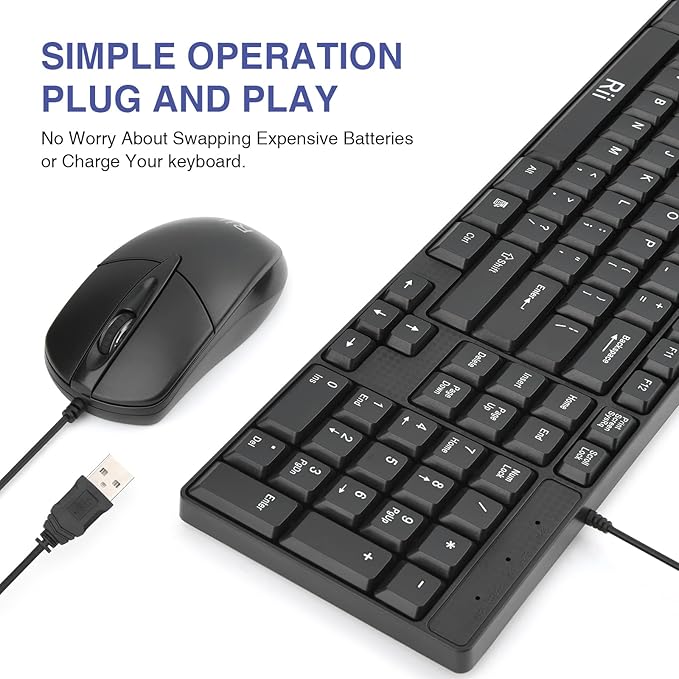 (10PACK) Wired Keyboard and Mouse,Rii RK203 Ultra Full Size Slim USB Basic Wired Keyboard Mouse Combo Set with Number Pad for Computer,Laptop,PC,Notebook,Windows
