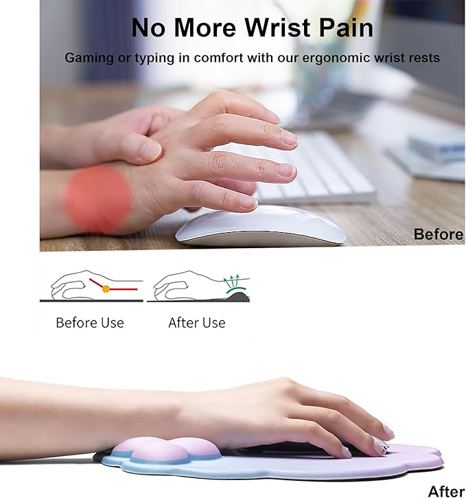 OUEST Cloud Wrist Rest Keyboard and Mouse Pad with Cute Ergonomic Memory Foam Non-Slip PU Base for Computer Mac Laptop Office Gaming-Blue/Pink/Purple