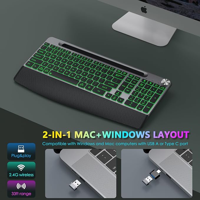 JOYACCESS Ergonomic Wireless Keyboard with Phone Holder,Rechargeable Backlit Wireless Keyboard with Wrist Rest and Volume Knob for Laptop, PC, Mac, Windows-Black Gray