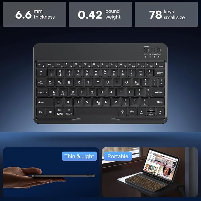 OMOTON Bluetooth Keyboard for Tablet/Android/Windows/iOS, with 7 Colors Backlight Rechargeable Wireless Mini Keyboard for Galaxy Tab A9+ / S9 FE / S10 / S11 / A11 Series etc, Black