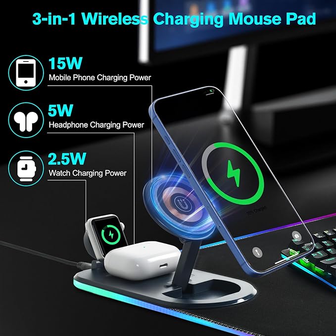 ELUTENG Mouse Pad with Phone Holder 4in1 Wireless Charging Desk Mat RGB Ultra-Smooth Gaming Mousepad Waterproof Home Office Large Desk Pad 31.5"x11.81" Large Desk Pad Non-Slip Base Keyboard Pad
