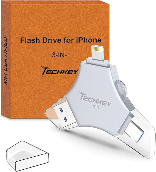 MFi Certified USB 3.0 Flash Drive 128GB for iPhone, 3in1 External Memory Photo Keeper Storage Stick for Picture/Video/Data Saver/Backup, High Speed Thumb/Jump/Hard Drives for iPhone/iPad/Android/PC