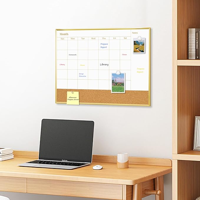 Small Dry Erase Calendar Whiteboard and Cork Board Combo, 16'' x 12'' Monthly White Board with Gold Aluminum Frame, Portable Calendar Board for Home Office School