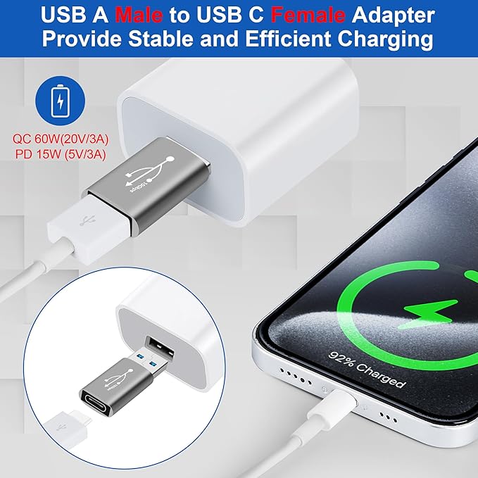 USB 3.0 to USB C 3.1 Adapter 2 Pack,10Gbps Double Sided Data Transfer, USB A Male to USB C Female Converter Connector Support 3A Fast Charging for iPhone 16/15 Series, PC, Laptop, MacBook, iPhone,iPad