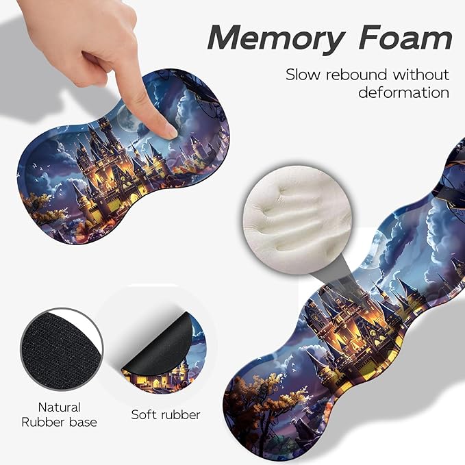 Gaming Mouse Pad Set, Moonlight Fantasy Castle Large Desk Mat Mousepad, Keyboard Wrist Support, Mouse Wrist Rest, Coaster 4in1 Ergonomic Memory Foam, Non-Slip Stitched Edge for Home Office