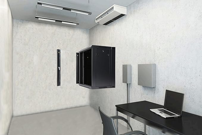 AEONS 9U Professional Wall Mount Server Cabinet Enclosure Double Section Hinged Swing Out 19-Inch Server Network Rack with Locking Glass Door Black (Fully Assembled)