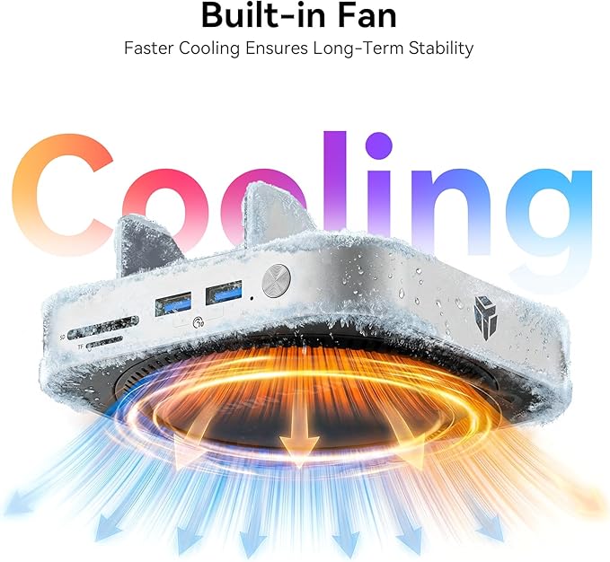 Yottamaster 9 in 1 Mac mini M4 Dock 10Gbps with 8TB NVMe SATA SSD Enclosure, Aluminum Mac mini M4 Stand and Hub, Built in Cool Fan, USB-A*2/USB-C 10Gbps, USB-A 2.0 * 2, 3.5mm Audio*2, TF/SD