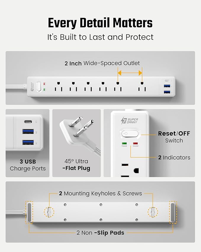 20Ft Long Extension Cord, SUPERDANNY Flat Plug Surge Protector Power Strip 20 Feet, 6 Outlets & 3 USB Ports, Wall Mountable Power Bar for Home Office, Dorm Room