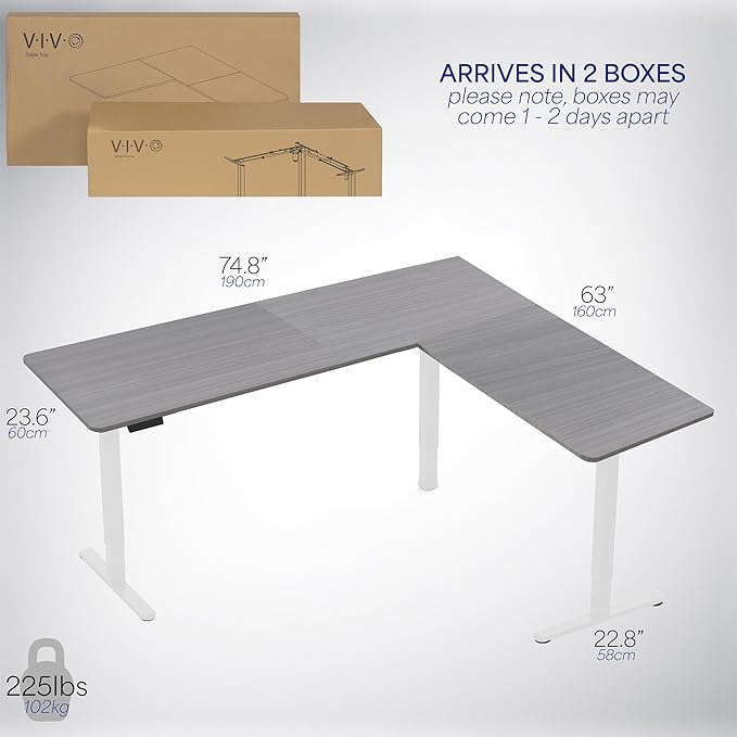 VIVO Corner Standing Desk, 75 x 63 inch Reversible L-Shaped Workstation, Electric Height Adjustment, Home, Office, and Reception Rooms, Dark Gray Table Top White Frame, DESK-E3CTWG-75