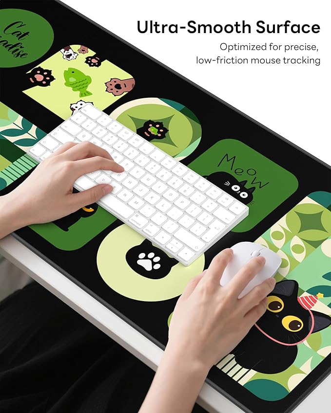 XL Gaming Mouse Pad, 31.5x15.7'' Large Desk Mat with Anti-Slip Rubber Base & Stitched Edges for Gaming, Office, Home, Cute Kitty