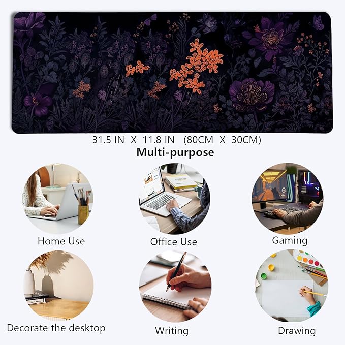 Gothic Purple Butterfly Floral Mouse Pads,Dark Aesthetic Cottagecore Mouse Pad,Mystical Botanical Flower Desk Mat,Purple Botanical Desk Mat for Home Office Dorm Desktop Decor,31.5x11.8 Inch