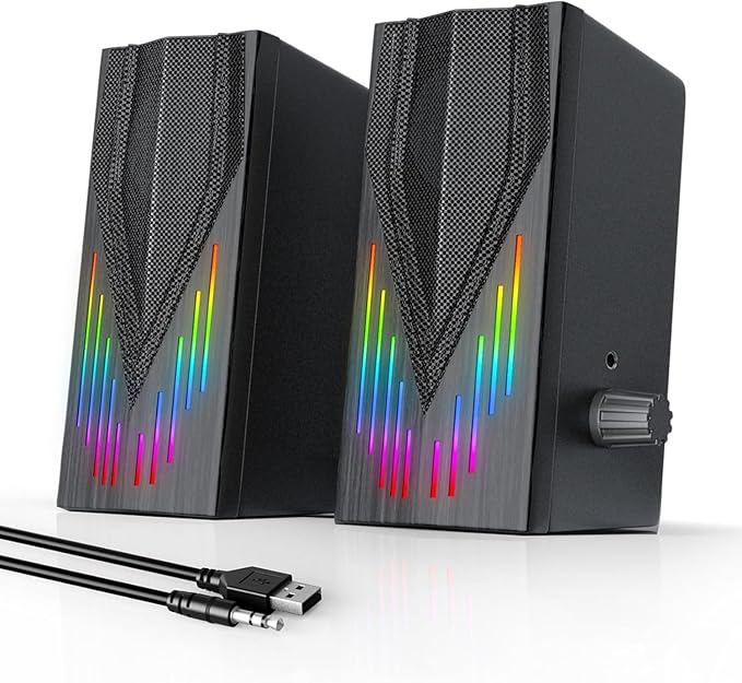 Computer Speakers with 6 Colorful RGB Lights,USB Powered 3.5mm Aux with Loud Stereo Sound,Headphone-in for Desktop,PC/Laptop/Tablet Phone