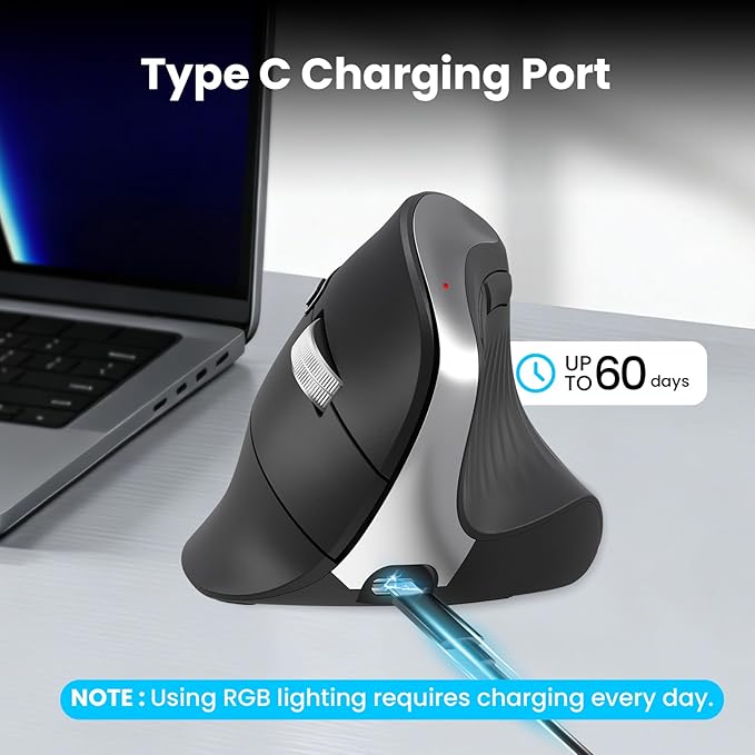 Wireless Ergonomic Vertical Mouse, Rechargeable Tri-Mode (Dual Bluetooth + 2.4G USB) Optical Mouse with Adjustable RGB Lighting, Multi-Device Control for Laptop, PC, Mac, iPad, Desktop (Dark Black)