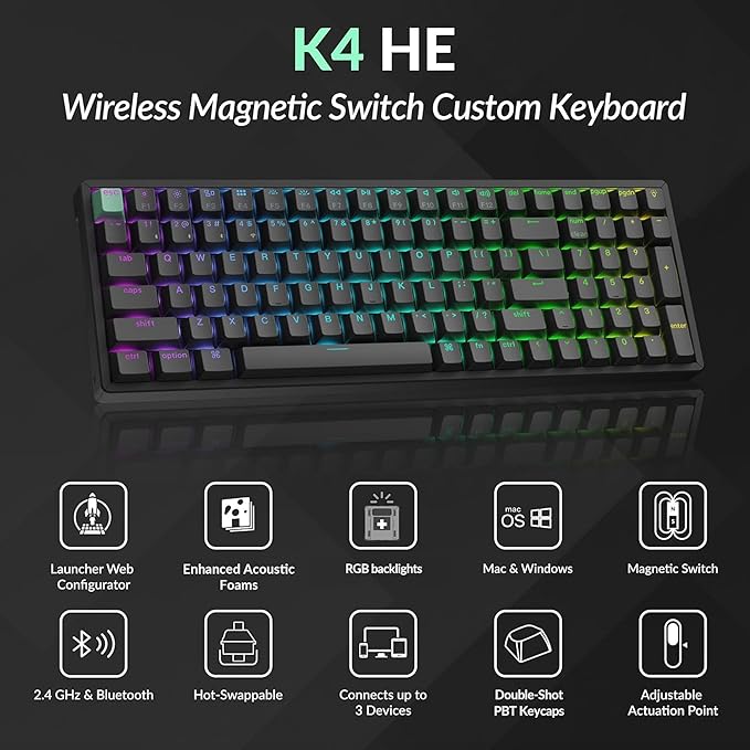 Keychron K4 HE 96% Wireless RGB Hall Effect Keyboard, Gateron Magnetic Switch, Analog Mode & Rapid Trigger, QMK/VIA, 2.4GHz/BT5.2/USB-C, Multitasker for Mac/Windows/Linux, Aluminum Frame - Black