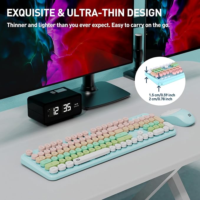 Keyboard and Mouse Wireless,2.4Ghz Retro Typewriter Style Round Keycap,Full Size Wireless Keyboard Mouse Combo,Cute Cordless Keyboard Mouse Set for PC Laptop Desktop Computer-Green White Pink Colorful