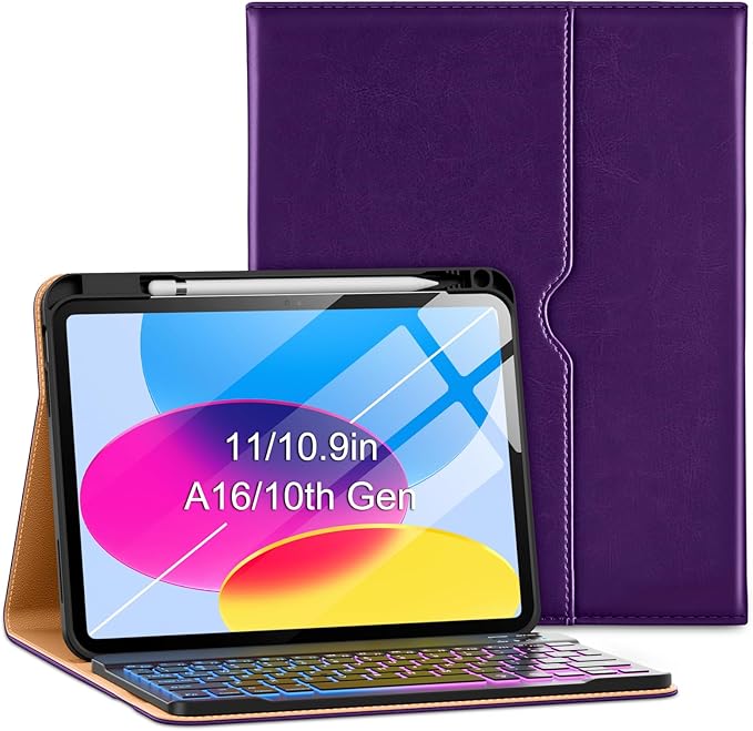 VIKESI Keyboard Case for iPad (A16,2025) 11th Generation/iPad 10th Generation Case (10.9" 2022),Premium Leather Smart Cover,Built-in Breathing Light,Function Row,Pencil Holder,Card Slots - Purple