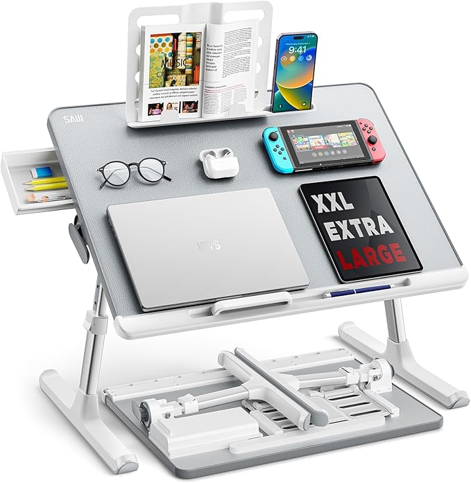 Laptop tray, SAIJI 60*45cm Table lap for bed, Multi-purpose Premium Lapdesk, Height Angle adjustable, with Book Stand, Drawer, Tablet slot, for Eating, Working, Writing, Gaming, Drawing (Light Grey)