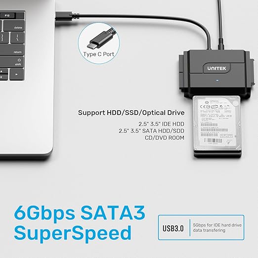 Unitek IDE/SATA to USB C 3.0 Adapter, Universal IDE Hard Drive Little Triangle pro Converter for 2.5"/3.5" Inch IDE and SATA External HDD/SSD, Support 10TB