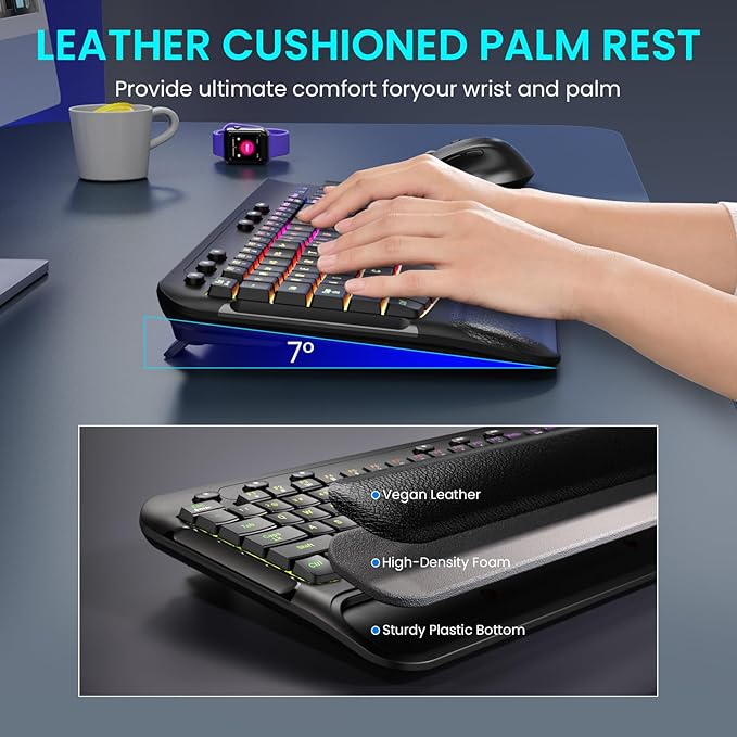 Wireless Keyboard and Mouse Combo, Ergonomic Wave, 9 RGB Backlit Effects, Leather Wrist Rest, Rechargeable 2.4G Silent Set for Computer/Windows/Mac, Black