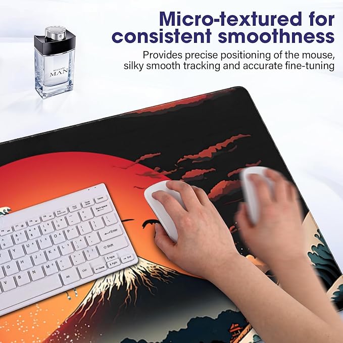 Japanese Sea Wave Large Gaming Mouse Pad – 35.4" x 15.7" Full Desk Mat, Non-Slip Rubber Base, Stitched Edges, Waterproof, Durable Surface for Esports, Office, Home